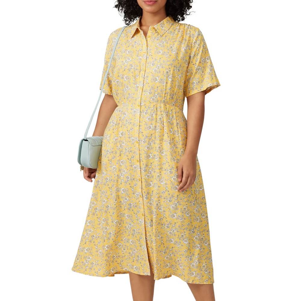 Junarose Yellow Calico Midi Shirt Dress Size 22 Work Career Floral Blouson $69